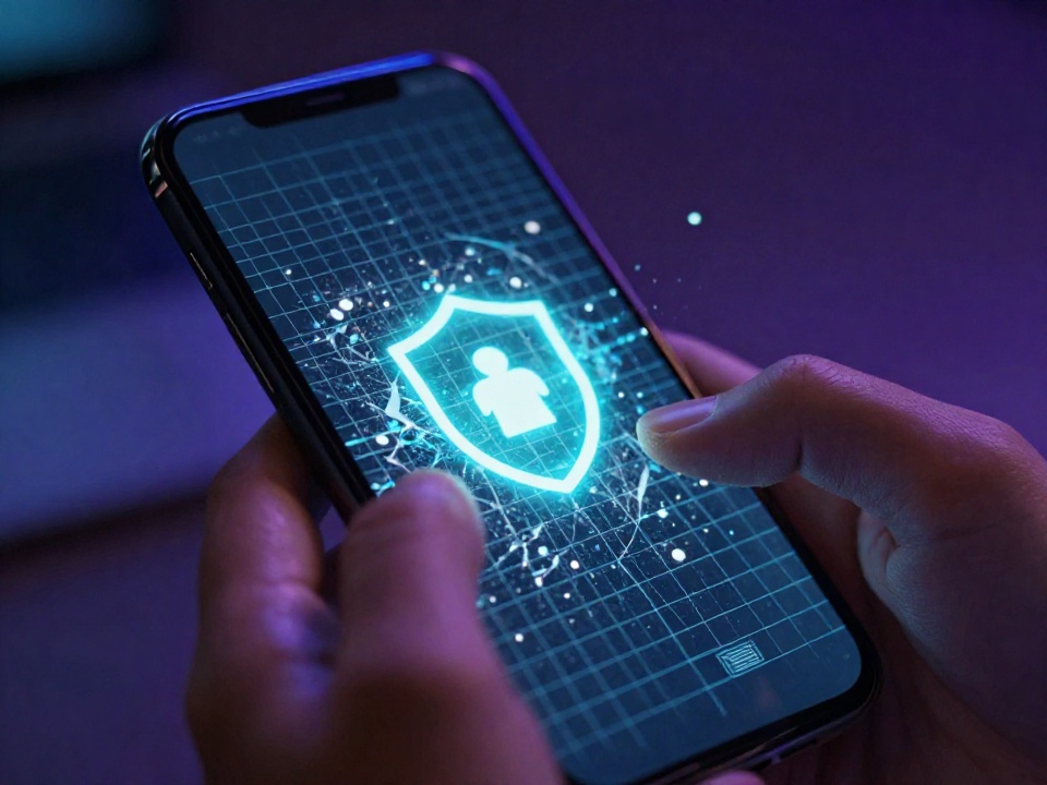 Руки держат смартфон с визуализацией разрушенной сетки распознавания лица и значком защиты конфиденциальности — символ борьбы с дипфейками