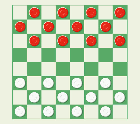 Каждый игрок начинает игру с двенадцатью пешками (одна белая, другая красная), расположенными на темных полях поля, как показано на следующем рисунке