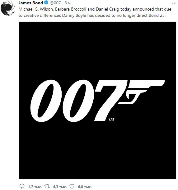 Вілсон, Барбара Брокколі і Деніел Крейг оголосили, що Денні Бойл вирішив більше не брати участі в зйомках фільму «Бонд 25» через творчі розбіжності, - йдеться в офіційному   Twitter-акаунті   фільму