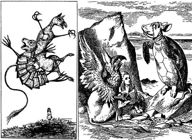 Деякі ілюстрації були зроблені на основі малюнків Керролла в рукописи (зліва малюнок письменника, праворуч - ілюстрація художника)