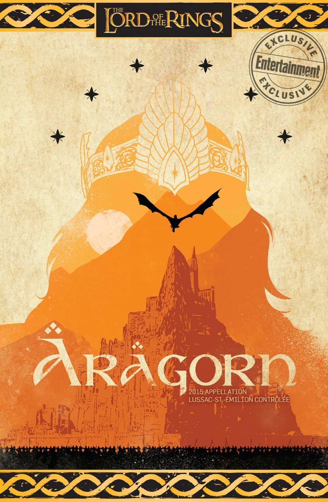 Етикетка повторює кінець трилогії: на ній зображений силует коронованого Арагорна, а на тлі видніється Мінас Тіріт
