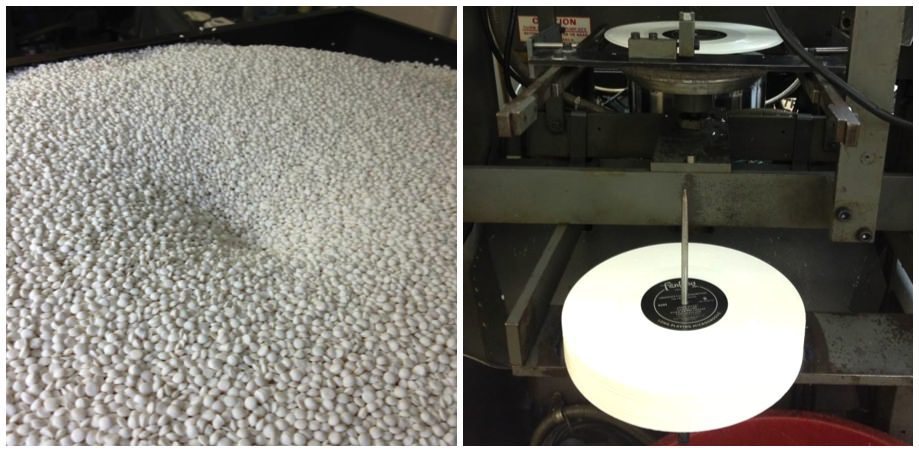 Зліва: заготовки для друку вінілової платівки, праворуч - сама пластинка (в даному випадку групи Creedence Clearwater Revival)