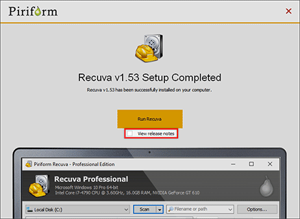 Приберіть галочку з пункту «View release notes» і натисніть на «Run Recuva»