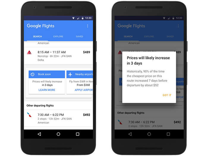 Google Flights попередить про майбутнє підвищення цін на квитки в сюжеті користувача напрямку, або повідомить про акції і знижки