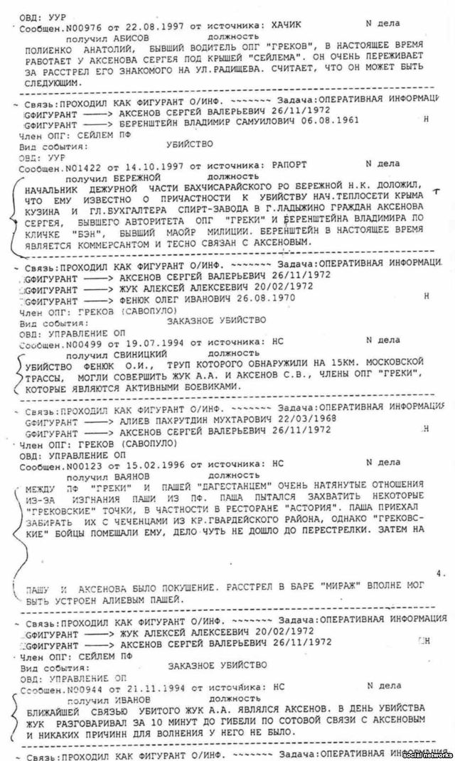 Так, наприклад, в одній з «оперативних зведень» говориться, що Аксьонов може бути причетний до вбивства начальника тепломережі Криму Кузіна, а в 1996-му він підшукував людей, готових «прибрати» кримінального авторитета «Васю Красногвардійського»
