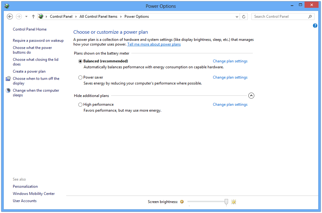 План питания в Windows 8 определяет, сколько батареи используется, по сравнению с производительностью, которую он обеспечивает